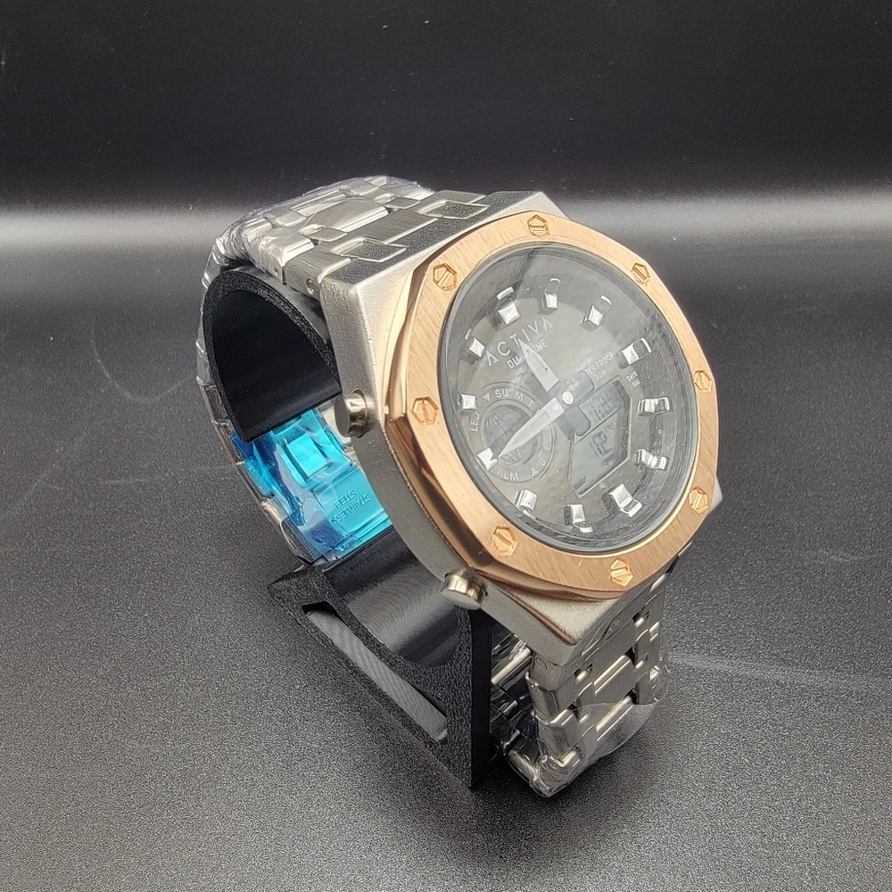 ACTIVA Dual Time Chronograph Stainless Steel Watch Rose Gold Bezel ACWM003-004